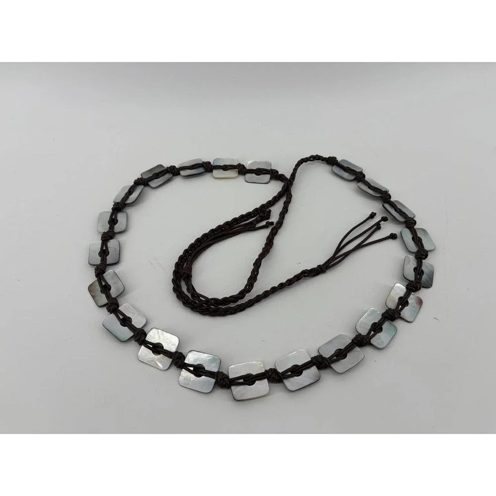 Mother of Pearl Belt Hippie Style Boho Casual, Brown Fringe, 60